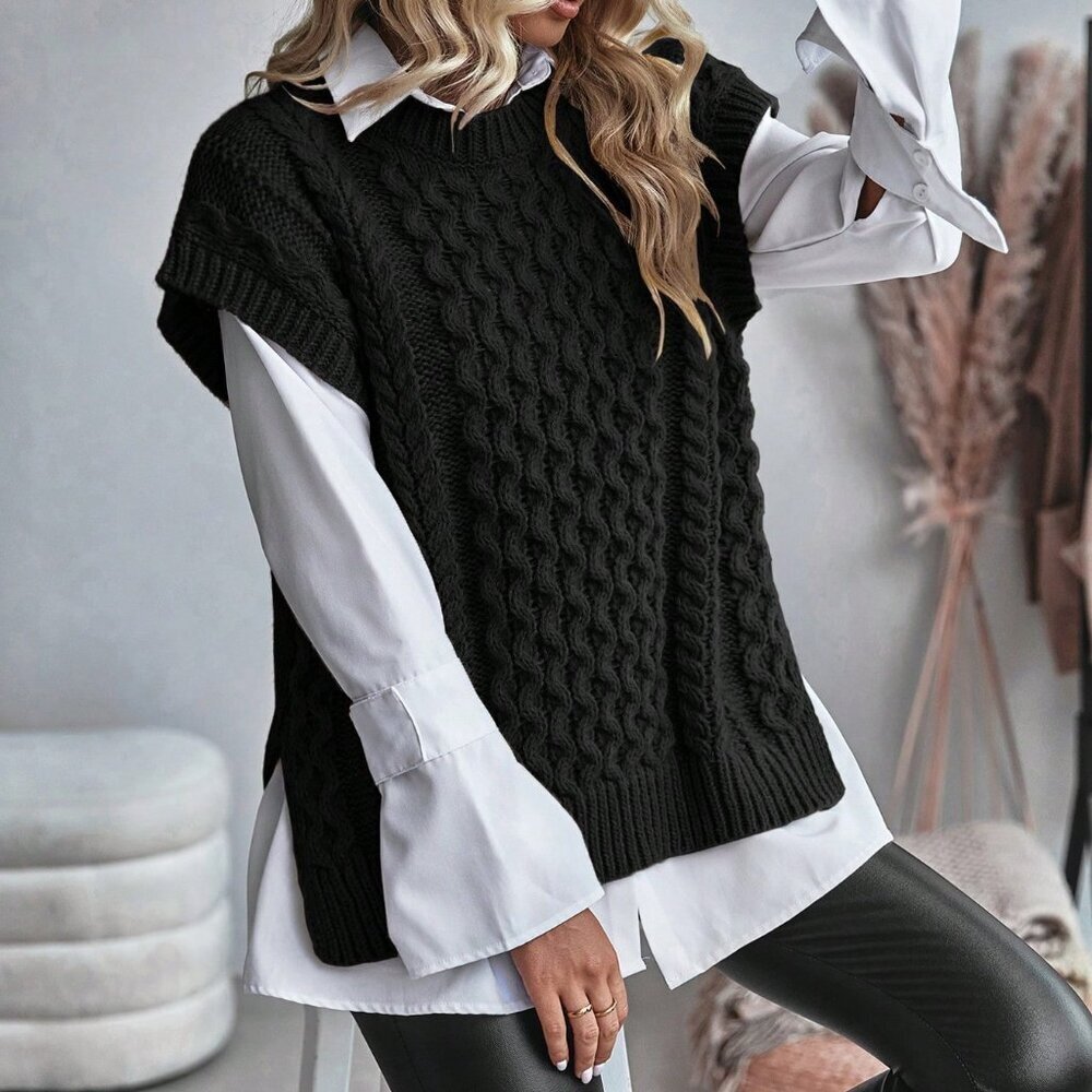 Black Casual Women's Cable Knitted Sleeveless Sweater Vest - Picture 3 of 6